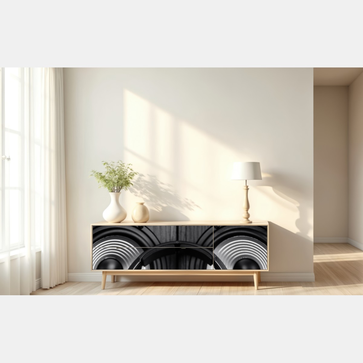 Repositionierbarer Aufkleber monochromes audio-ensemble mit kopfhörern und lautsprechern – Wallnifity® Repositionierbarer Aufkleber monochromes audio-ensemble mit kopfhörern und lautsprechern – Wallnifity®