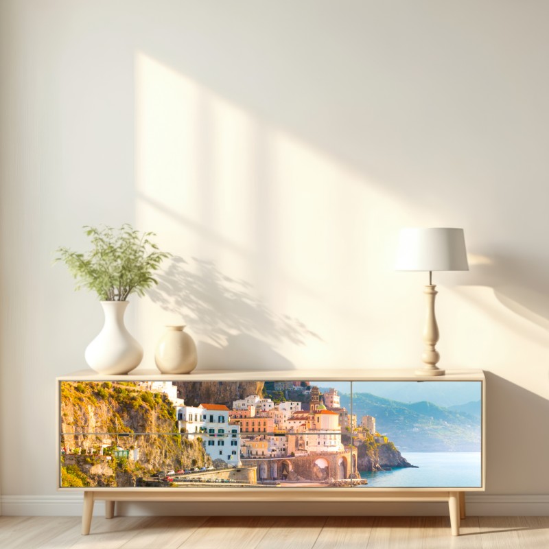 Repositionierbarer Aufkleber sonniges küstendorf am klippenrand – Wallnifity® Repositionierbarer Aufkleber sonniges küstendorf am klippenrand – Wallnifity®