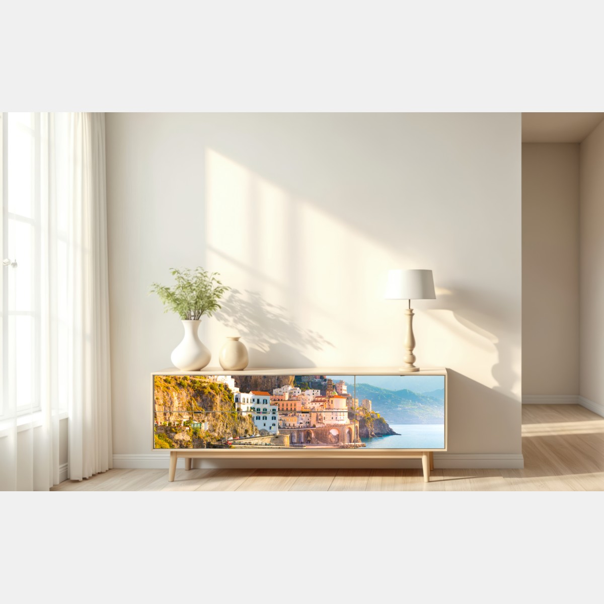 Repositionierbarer Aufkleber sonniges küstendorf am klippenrand – Wallnifity® Repositionierbarer Aufkleber sonniges küstendorf am klippenrand – Wallnifity®