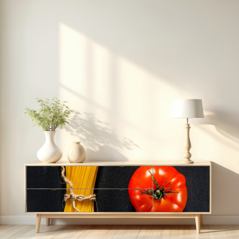 Repositionierbarer Aufkleber minimalistische spaghetti- und tomatenkomposition – Wallnifity® Repositionierbarer Aufkleber minimalistische spaghetti- und tomatenkomposition – Wallnifity®