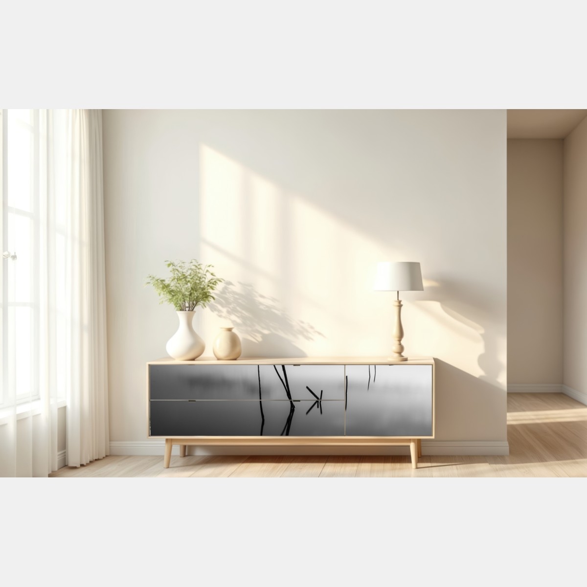 Repositionierbarer Aufkleber ruhiger monochromer see mit reflexionen – Wallnifity® Repositionierbarer Aufkleber ruhiger monochromer see mit reflexionen – Wallnifity®