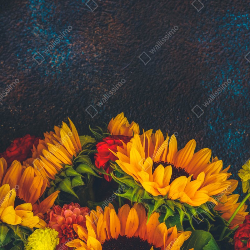 Repositionierbarer Aufkleber lebendiger sonnenblumenstrauß vor dunklem hintergrund – Wallnifity® Repositionierbarer Aufkleber lebendiger sonnenblumenstrauß vor dunklem hintergrund – Wallnifity®