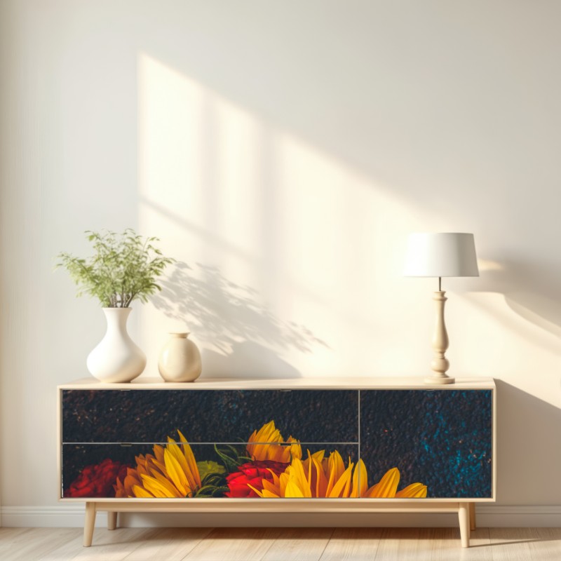 Repositionierbarer Aufkleber lebendiger sonnenblumenstrauß vor dunklem hintergrund – Wallnifity® Repositionierbarer Aufkleber lebendiger sonnenblumenstrauß vor dunklem hintergrund – Wallnifity®