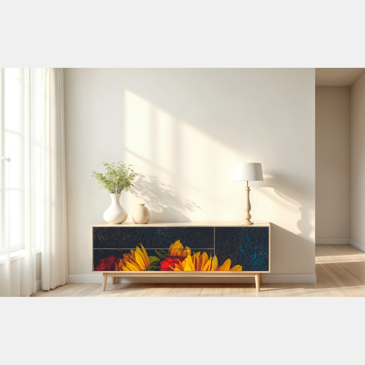 Repositionierbarer Aufkleber lebendiger sonnenblumenstrauß vor dunklem hintergrund – Wallnifity® Repositionierbarer Aufkleber lebendiger sonnenblumenstrauß vor dunklem hintergrund – Wallnifity®