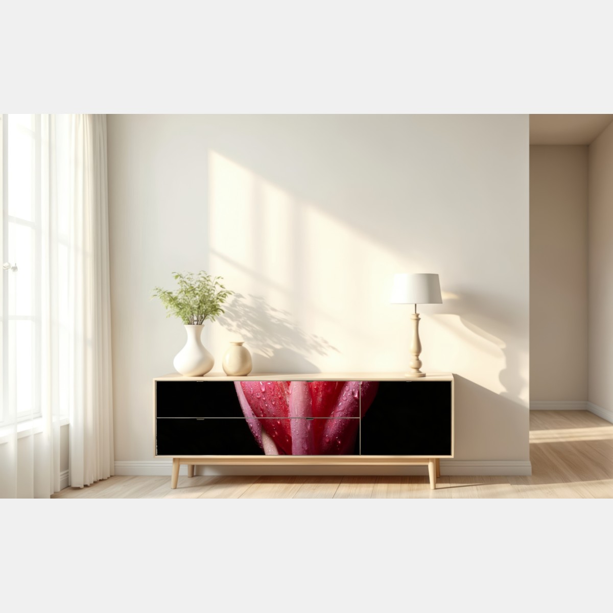 Repositionierbarer Aufkleber leuchtende rosa blüte vor schwarzem hintergrund – Wallnifity® Repositionierbarer Aufkleber leuchtende rosa blüte vor schwarzem hintergrund – Wallnifity®
