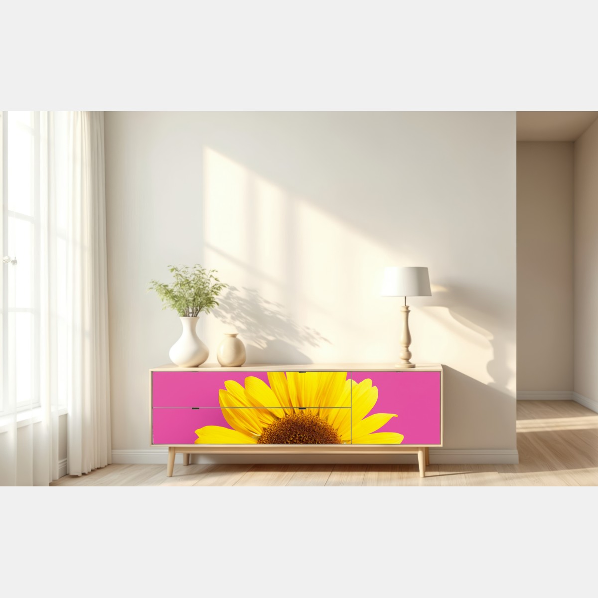 Repositionierbarer Aufkleber leuchtende sonnenblume auf rosa hintergrund – Wallnifity® Repositionierbarer Aufkleber leuchtende sonnenblume auf rosa hintergrund – Wallnifity®
