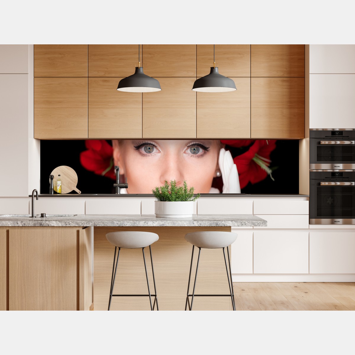 Repositionierbarer Aufkleber elegantes porträt mit rotem blumenkranz – Wallnifity® Repositionierbarer Aufkleber elegantes porträt mit rotem blumenkranz – Wallnifity®
