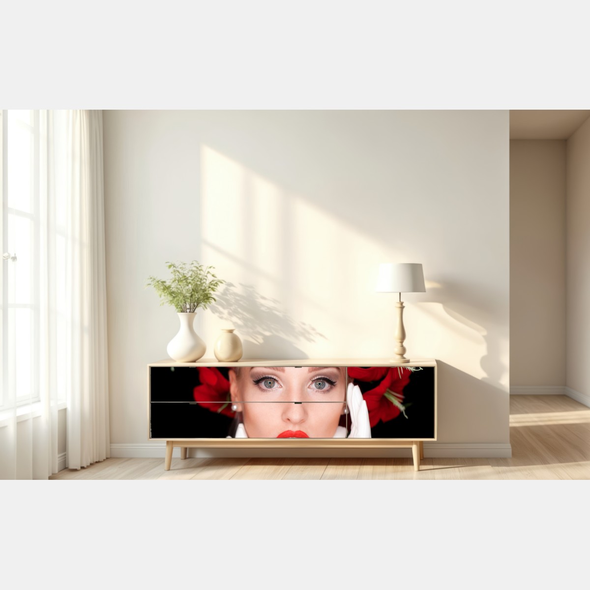 Repositionierbarer Aufkleber elegantes porträt mit rotem blumenkranz – Wallnifity® Repositionierbarer Aufkleber elegantes porträt mit rotem blumenkranz – Wallnifity®
