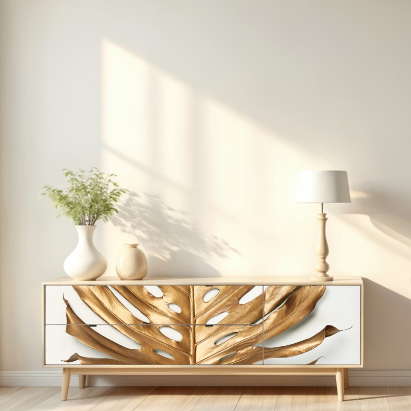 Repositionierbarer Aufkleber goldenes monstera blatt auf weißem hintergrund – Wallnifity® Repositionierbarer Aufkleber goldenes monstera blatt auf weißem hintergrund – Wallnifity®