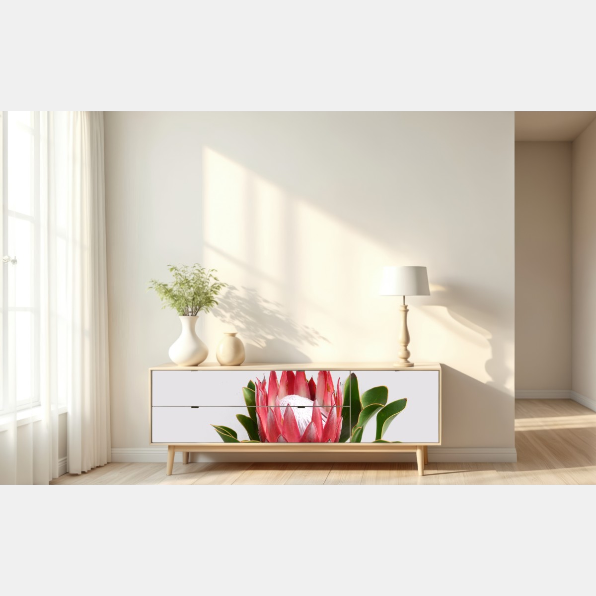 Repositionierbarer Aufkleber rosa protea auf neutralem hintergrund – Wallnifity® Repositionierbarer Aufkleber rosa protea auf neutralem hintergrund – Wallnifity®
