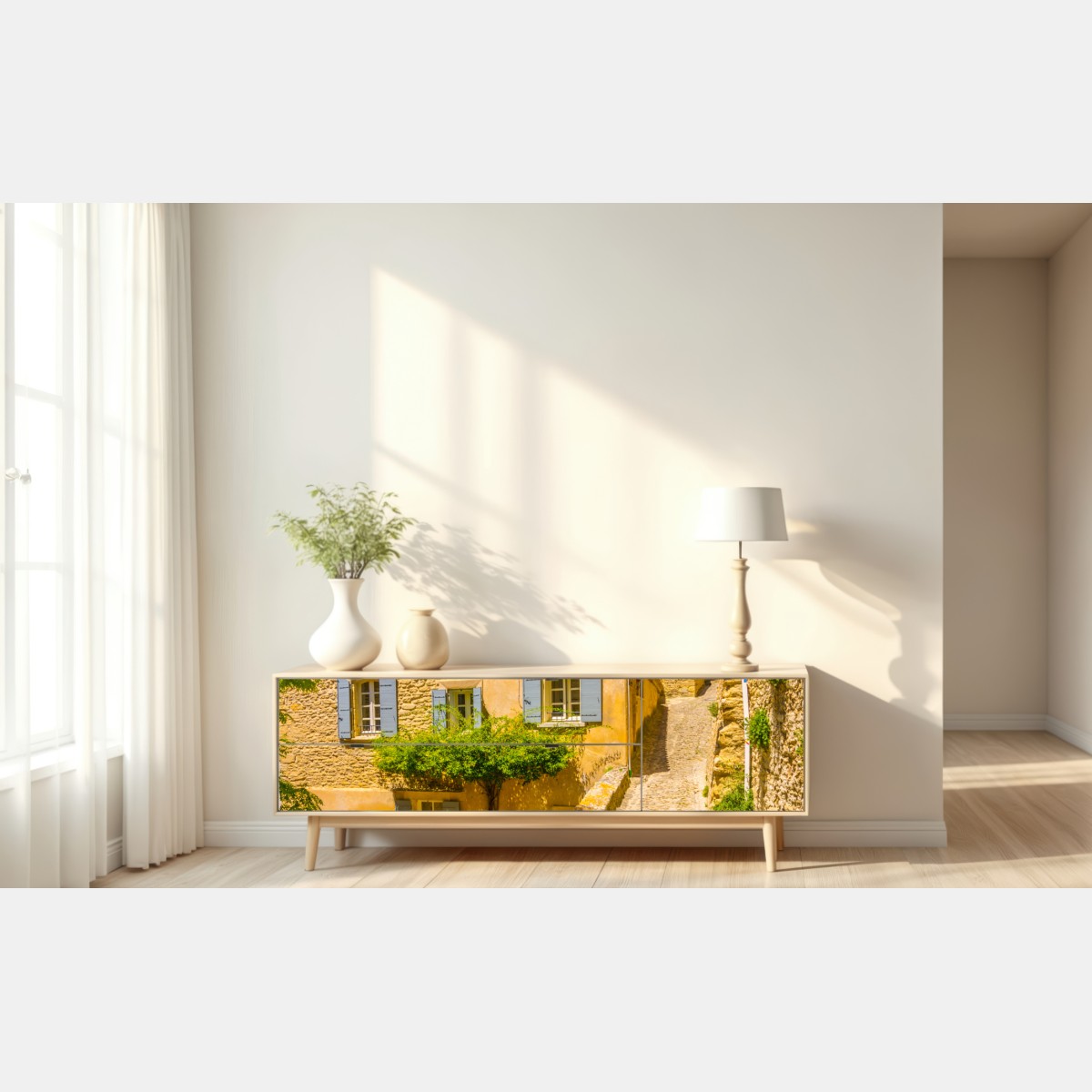Repositionierbarer Aufkleber sonnige kopfsteinpflastergasse – Wallnifity® Repositionierbarer Aufkleber sonnige kopfsteinpflastergasse – Wallnifity®