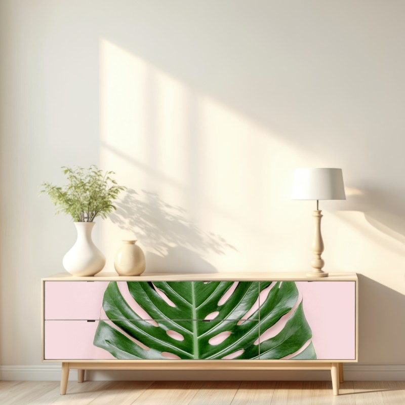 Repositionierbarer Aufkleber monstera-blatt auf pastell-rosa hintergrund – Wallnifity® Repositionierbarer Aufkleber monstera-blatt auf pastell-rosa hintergrund – Wallnifity®