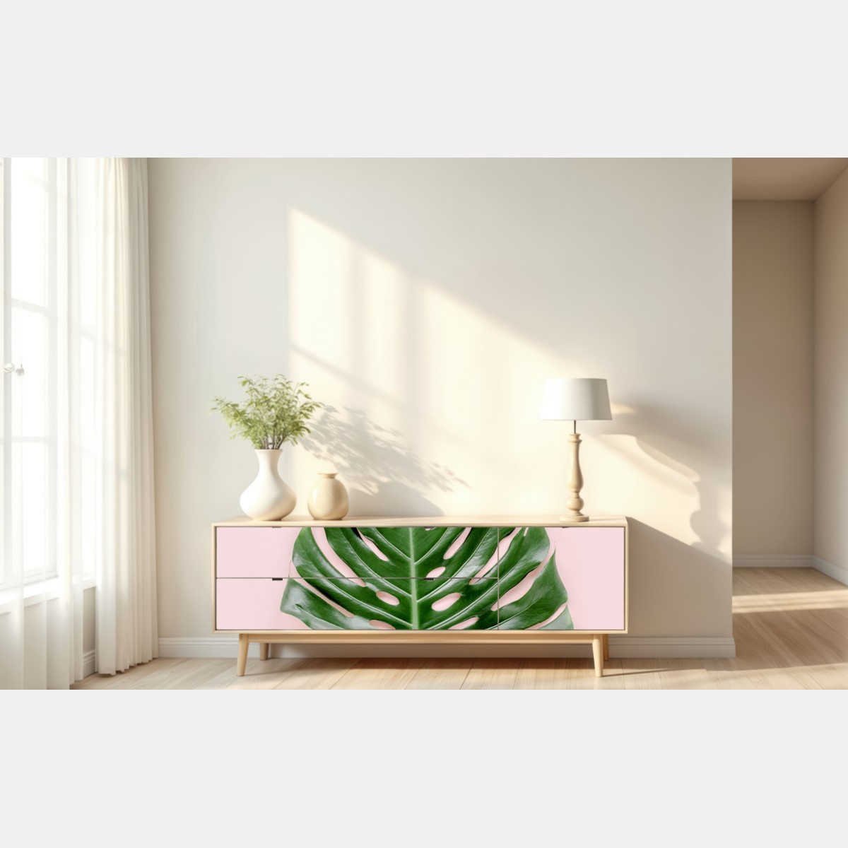 Repositionierbarer Aufkleber monstera-blatt auf pastell-rosa hintergrund – Wallnifity® Repositionierbarer Aufkleber monstera-blatt auf pastell-rosa hintergrund – Wallnifity®