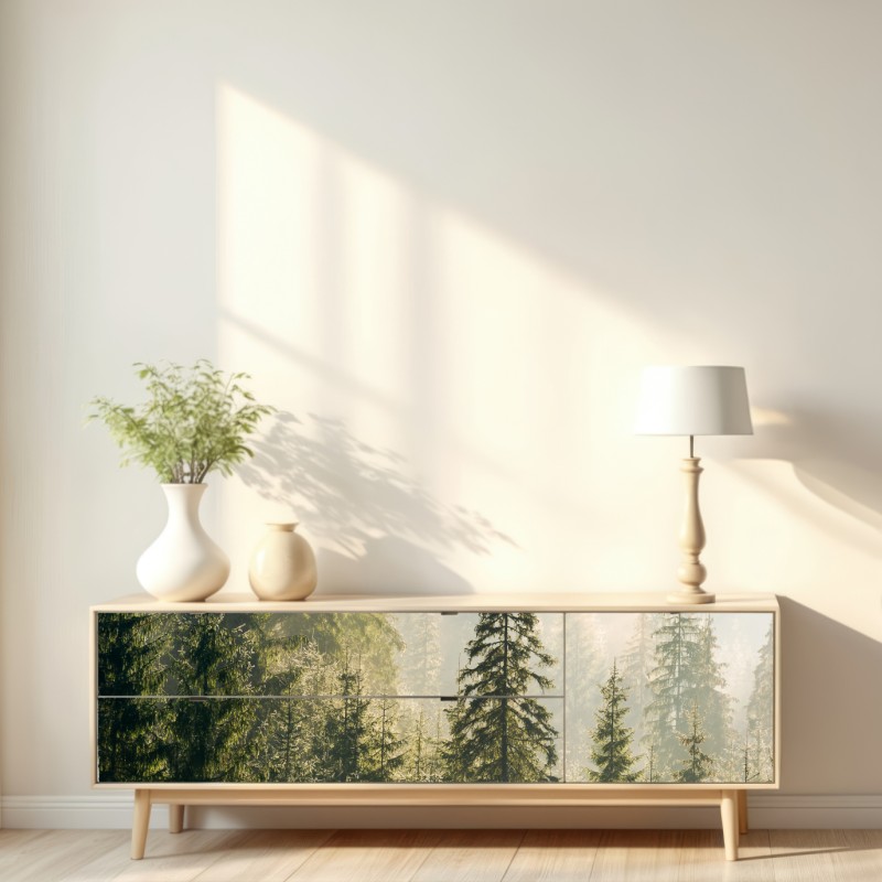 Repositionierbarer Aufkleber nebliger fichtenwald im morgenlicht – Wallnifity® Repositionierbarer Aufkleber nebliger fichtenwald im morgenlicht – Wallnifity®