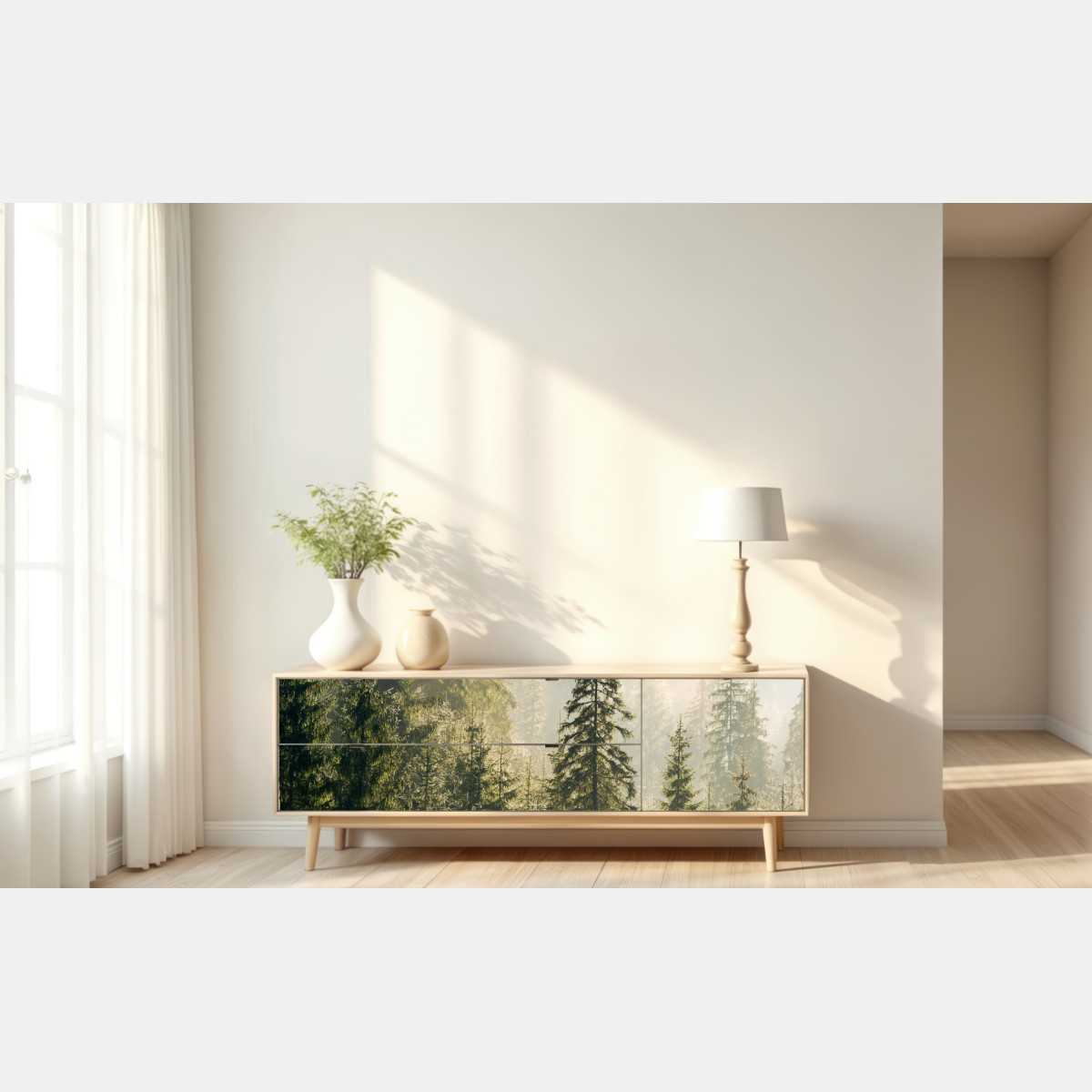 Repositionierbarer Aufkleber nebliger fichtenwald im morgenlicht – Wallnifity® Repositionierbarer Aufkleber nebliger fichtenwald im morgenlicht – Wallnifity®