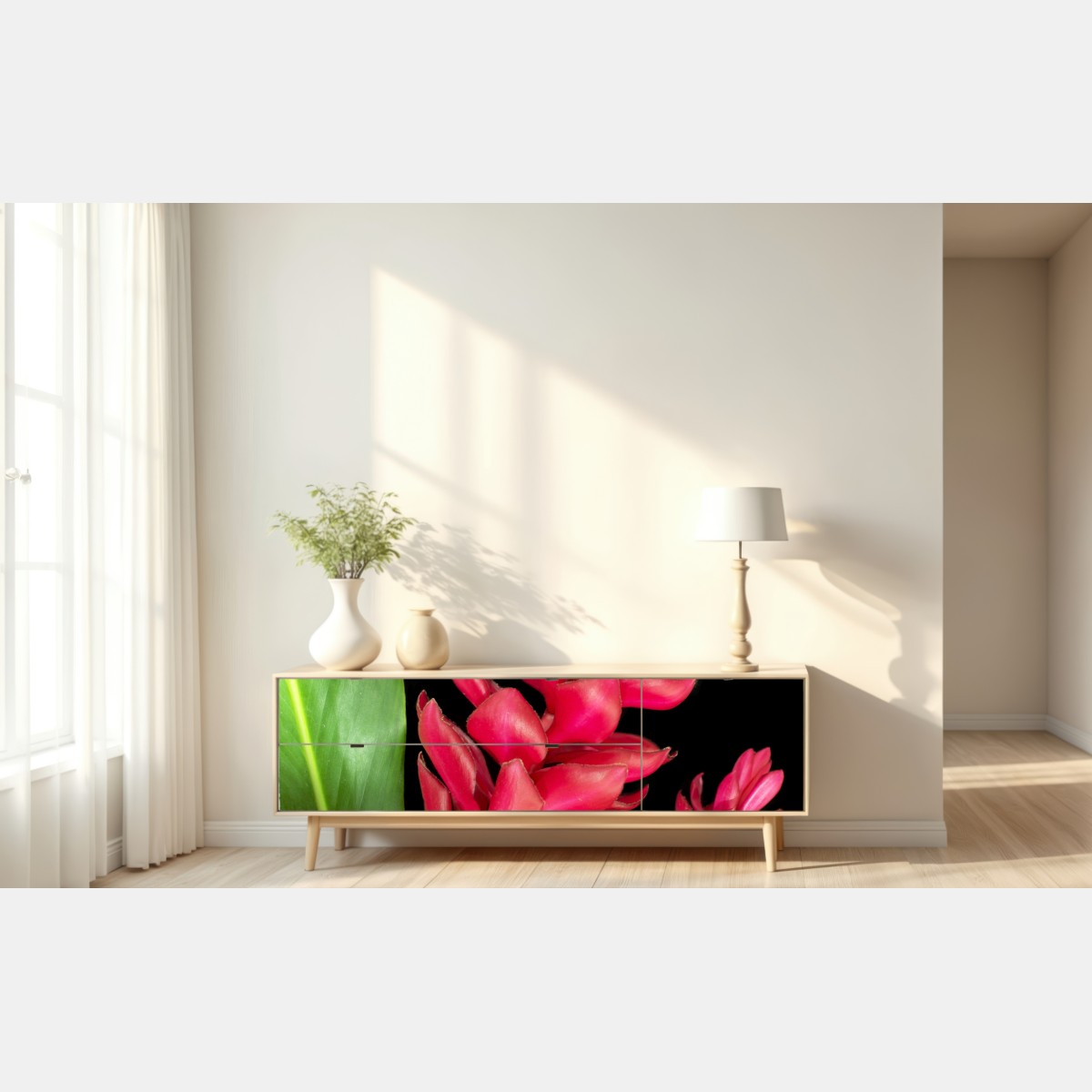 Repositionierbarer Aufkleber leuchtende zier-ingwer-blüte auf schwarzem hintergrund – Wallnifity® Repositionierbarer Aufkleber leuchtende zier-ingwer-blüte auf schwarzem hintergrund – Wallnifity®