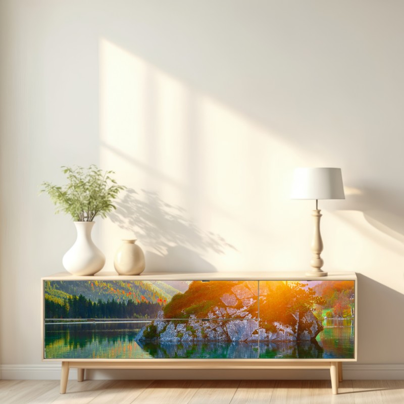 Repositionierbarer Aufkleber sonnenuntergang über Hintersee felseninsel – Wallnifity® Repositionierbarer Aufkleber sonnenuntergang über Hintersee felseninsel – Wallnifity®