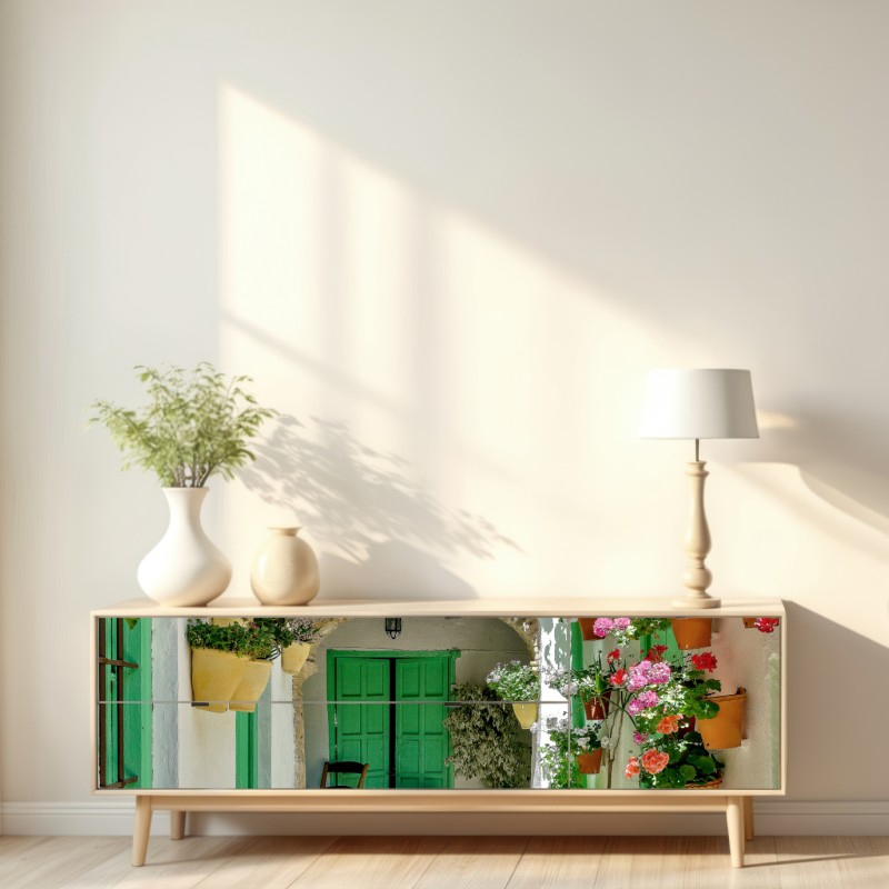 Repositionierbarer Aufkleber sonniger innenhof mit blumen und grünen türen – Wallnifity® Repositionierbarer Aufkleber sonniger innenhof mit blumen und grünen türen – Wallnifity®