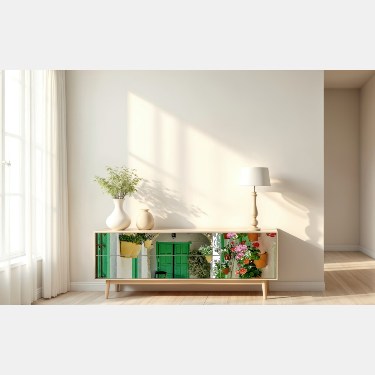 Repositionierbarer Aufkleber sonniger innenhof mit blumen und grünen türen – Wallnifity® Repositionierbarer Aufkleber sonniger innenhof mit blumen und grünen türen – Wallnifity®