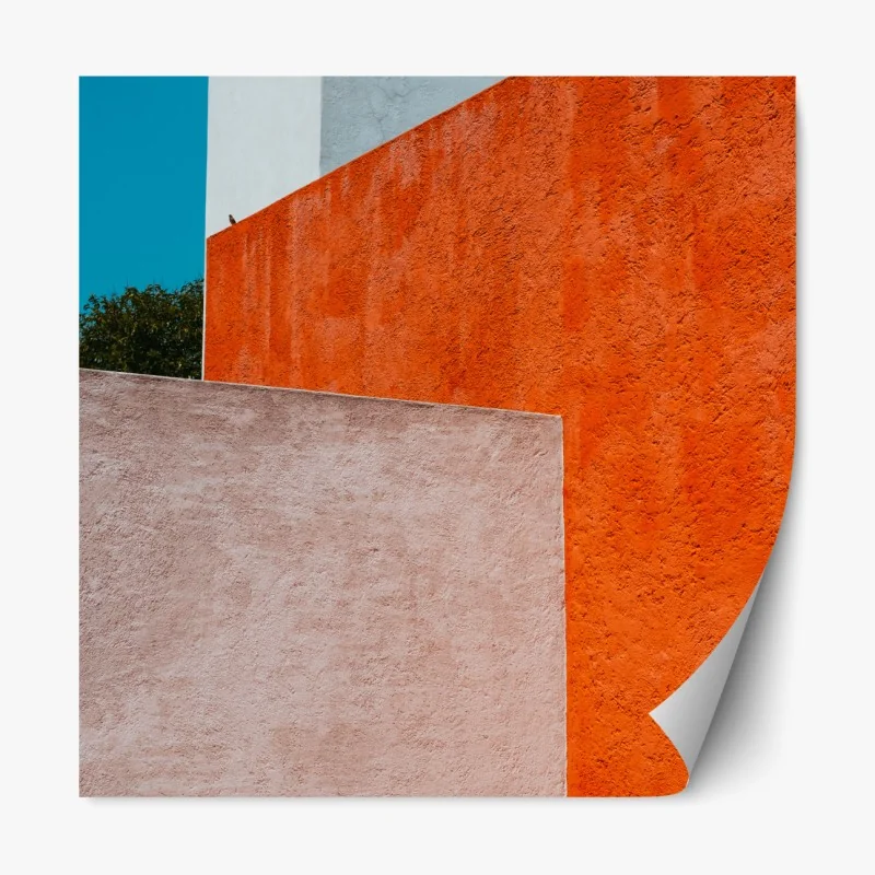 Repositionierbarer Aufkleber mutige geometrische fassade in orange und türkis – Wallnifity® Repositionierbarer Aufkleber mutige geometrische fassade in orange und türkis – Wallnifity®