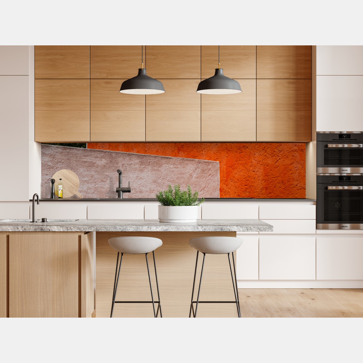 Repositionierbarer Aufkleber mutige geometrische fassade in orange und türkis – Wallnifity® Repositionierbarer Aufkleber mutige geometrische fassade in orange und türkis – Wallnifity®