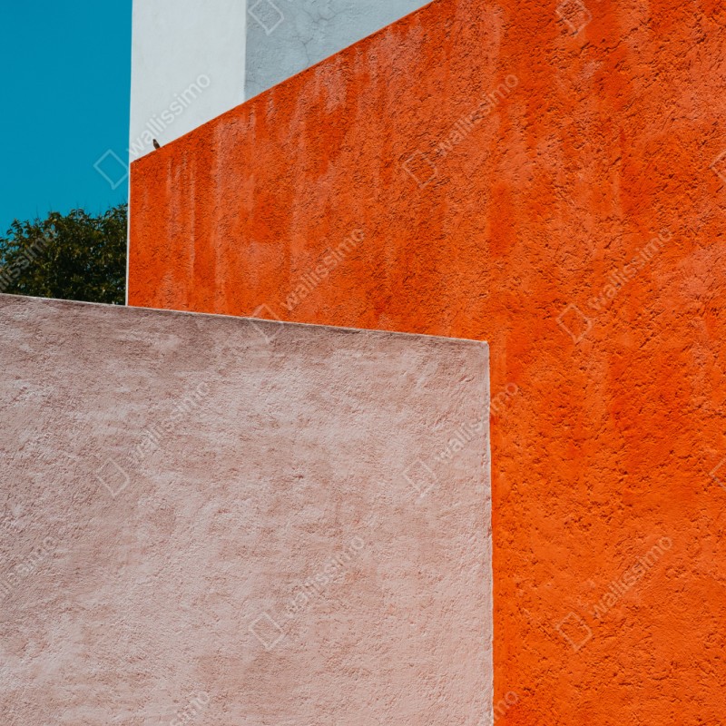 Repositionierbarer Aufkleber mutige geometrische fassade in orange und türkis – Wallnifity® Repositionierbarer Aufkleber mutige geometrische fassade in orange und türkis – Wallnifity®
