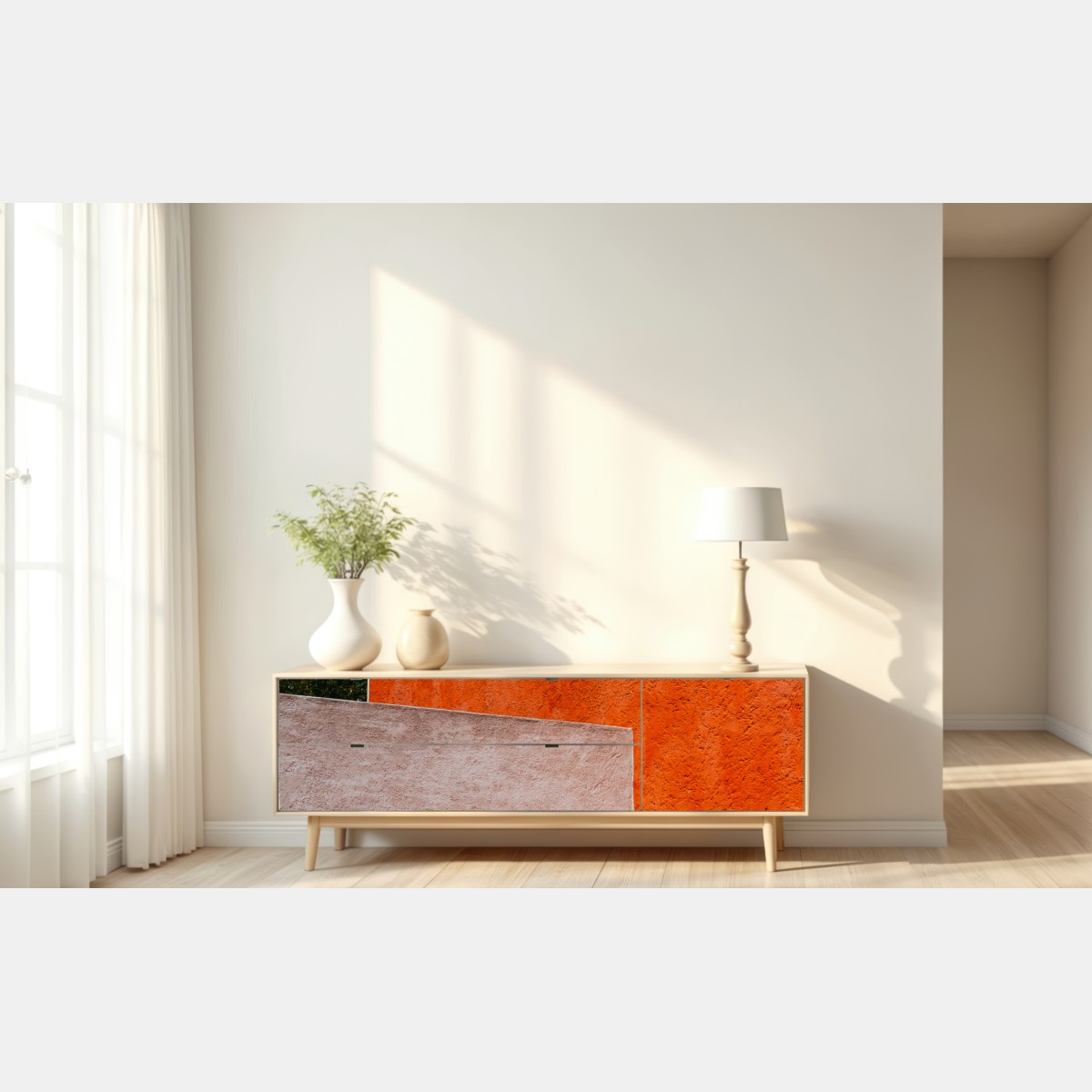 Repositionierbarer Aufkleber mutige geometrische fassade in orange und türkis – Wallnifity® Repositionierbarer Aufkleber mutige geometrische fassade in orange und türkis – Wallnifity®