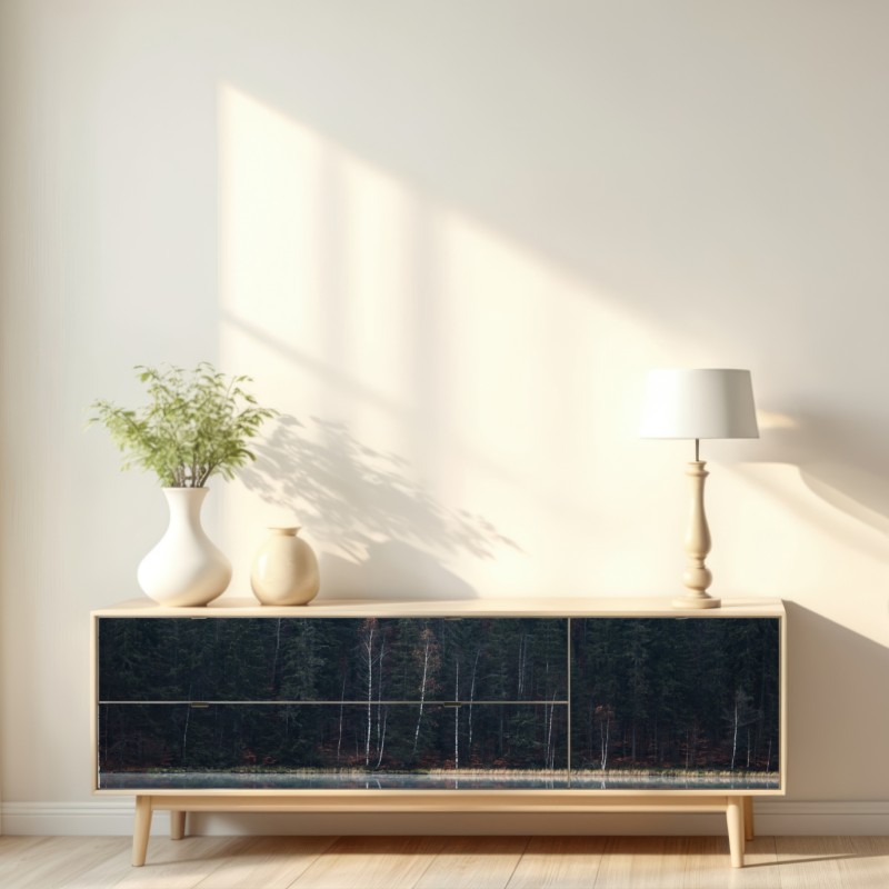 Repositionierbarer Aufkleber neblige waldreflexion – Wallnifity® Repositionierbarer Aufkleber neblige waldreflexion – Wallnifity®