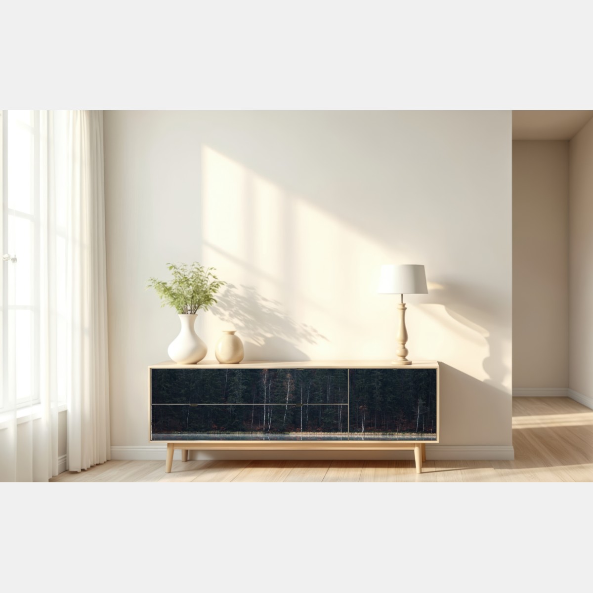 Repositionierbarer Aufkleber neblige waldreflexion – Wallnifity® Repositionierbarer Aufkleber neblige waldreflexion – Wallnifity®