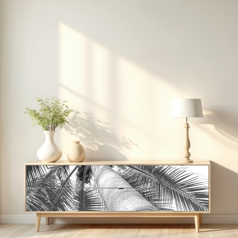 Repositionierbarer Aufkleber monochrome palme aus der froschperspektive – Wallnifity® Repositionierbarer Aufkleber monochrome palme aus der froschperspektive – Wallnifity®