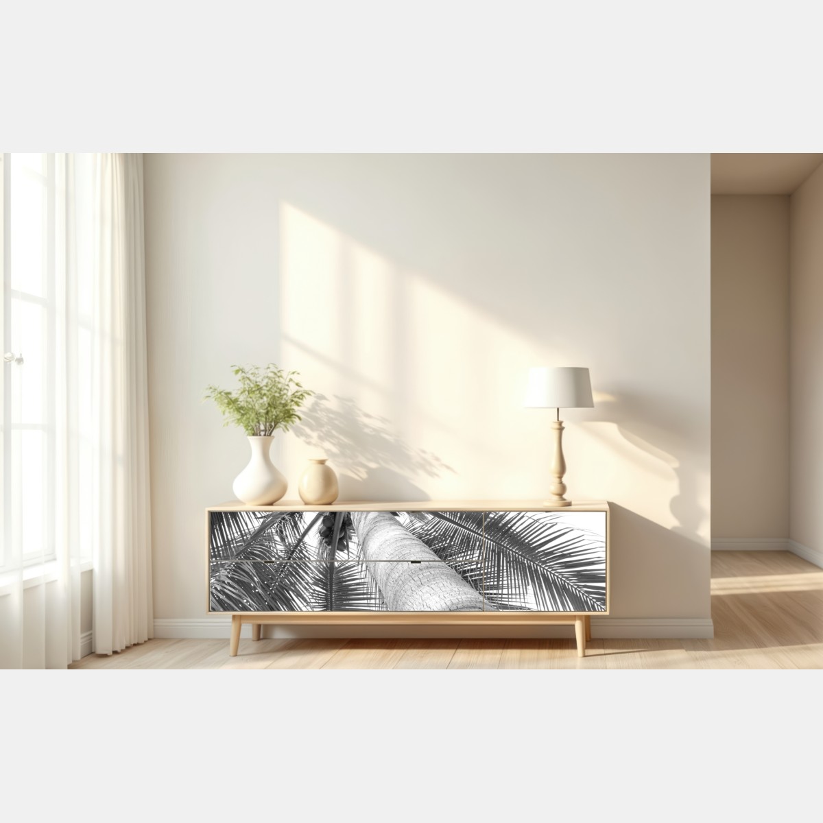 Repositionierbarer Aufkleber monochrome palme aus der froschperspektive – Wallnifity® Repositionierbarer Aufkleber monochrome palme aus der froschperspektive – Wallnifity®