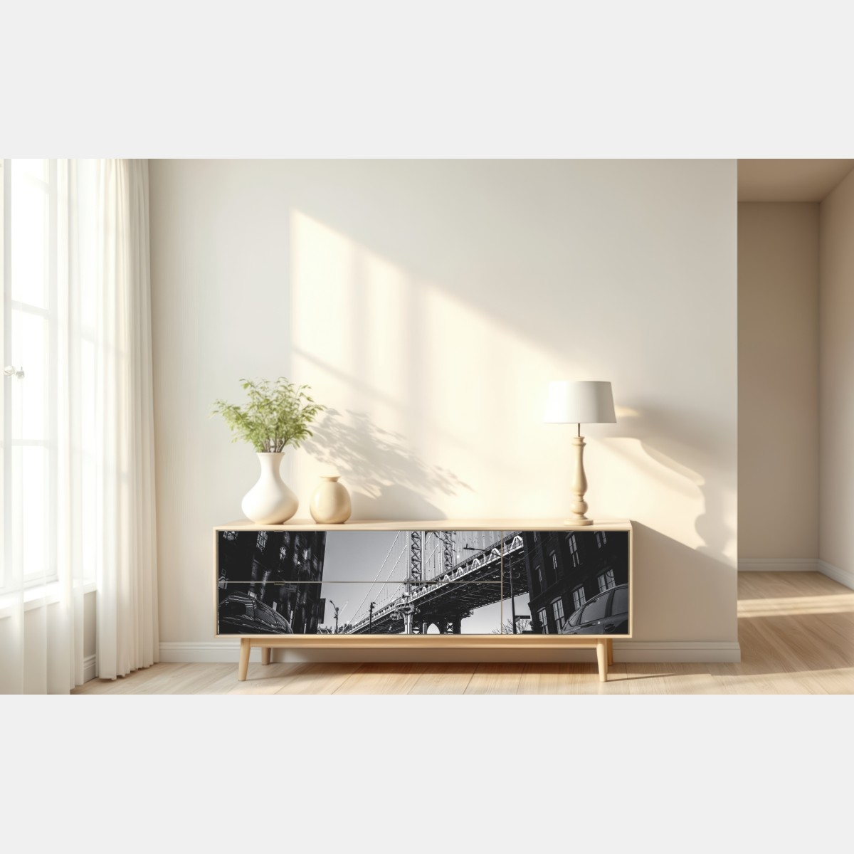 Repositionierbarer Aufkleber Manhattan brücke perspektive über kopfsteinpflaster – Wallnifity® Repositionierbarer Aufkleber Manhattan brücke perspektive über kopfsteinpflaster – Wallnifity®