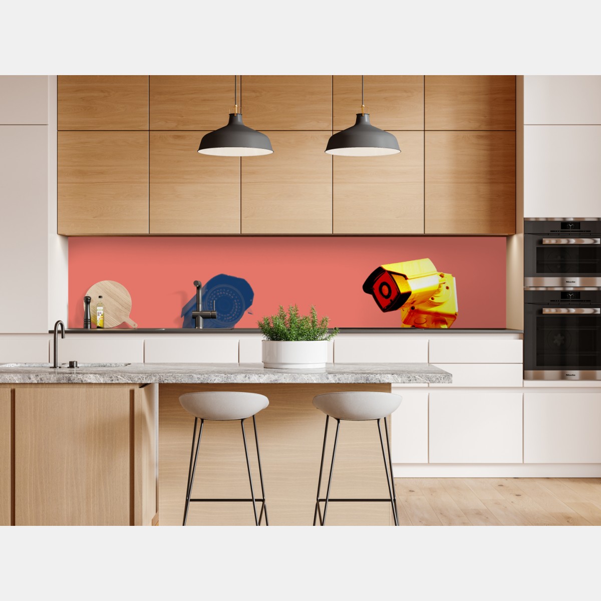 Repositionierbarer Aufkleber duotone überwachungskameras auf korallenfarbenem hintergrund – Wallnifity® Repositionierbarer Aufkleber duotone überwachungskameras auf korallenfarbenem hintergrund – Wallnifity®