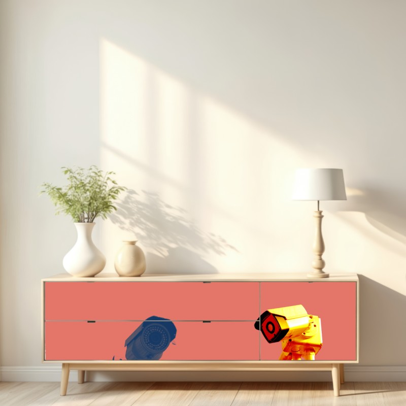 Repositionierbarer Aufkleber duotone überwachungskameras auf korallenfarbenem hintergrund – Wallnifity® Repositionierbarer Aufkleber duotone überwachungskameras auf korallenfarbenem hintergrund – Wallnifity®