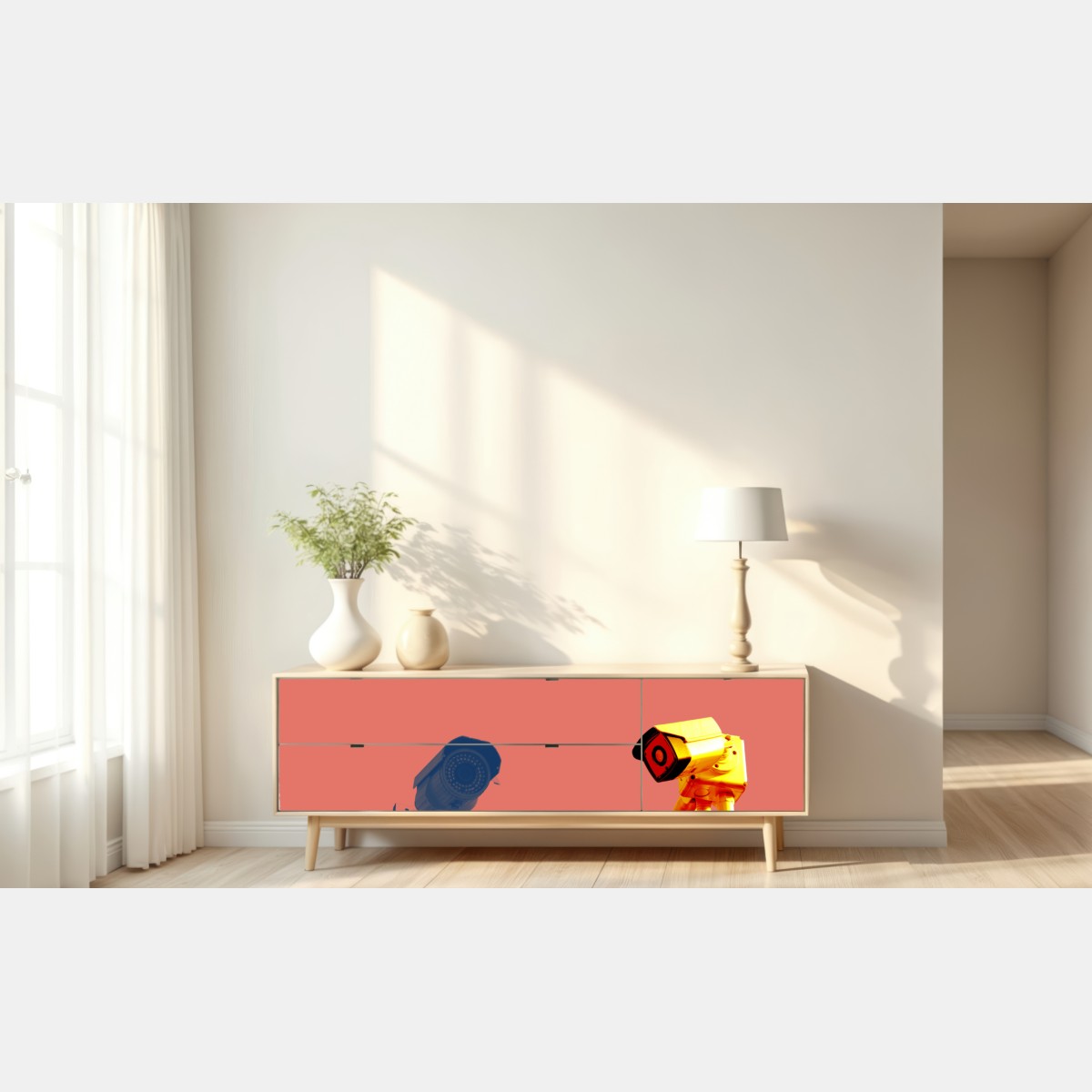 Repositionierbarer Aufkleber duotone überwachungskameras auf korallenfarbenem hintergrund – Wallnifity® Repositionierbarer Aufkleber duotone überwachungskameras auf korallenfarbenem hintergrund – Wallnifity®