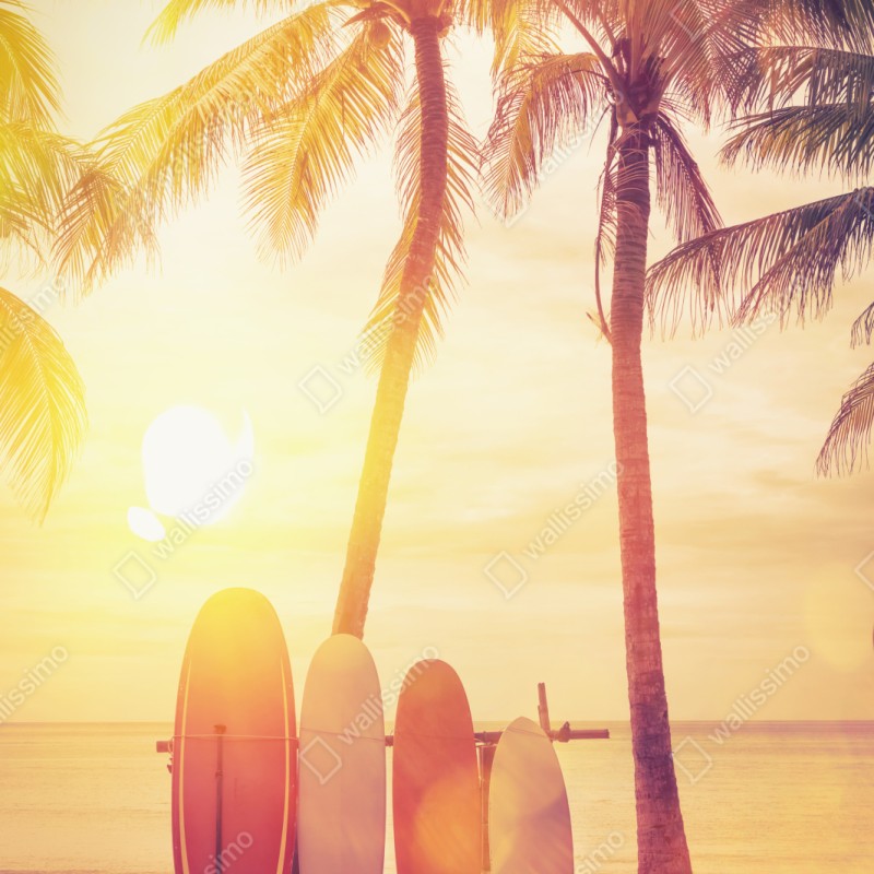 Repositionierbarer Aufkleber tropischer sonnenuntergang mit surfboards – Wallnifity® Repositionierbarer Aufkleber tropischer sonnenuntergang mit surfboards – Wallnifity®