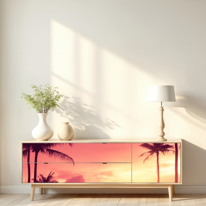 Repositionierbarer Aufkleber rosa tropischer sonnenuntergang mit palmen – Wallnifity® Repositionierbarer Aufkleber rosa tropischer sonnenuntergang mit palmen – Wallnifity®