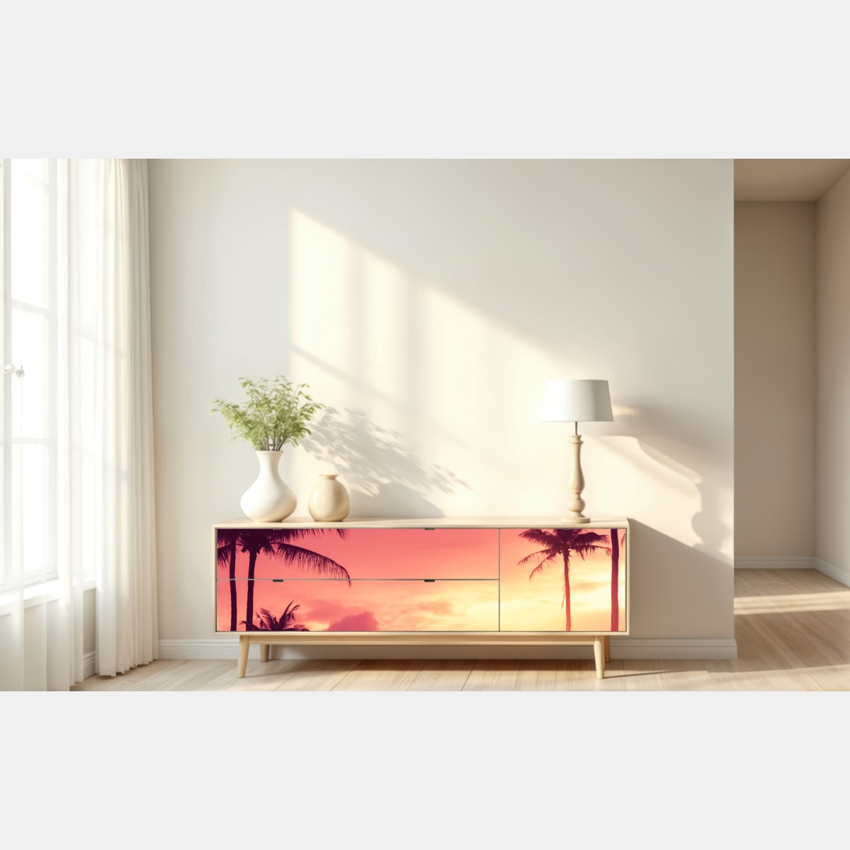 Repositionierbarer Aufkleber rosa tropischer sonnenuntergang mit palmen – Wallnifity® Repositionierbarer Aufkleber rosa tropischer sonnenuntergang mit palmen – Wallnifity®