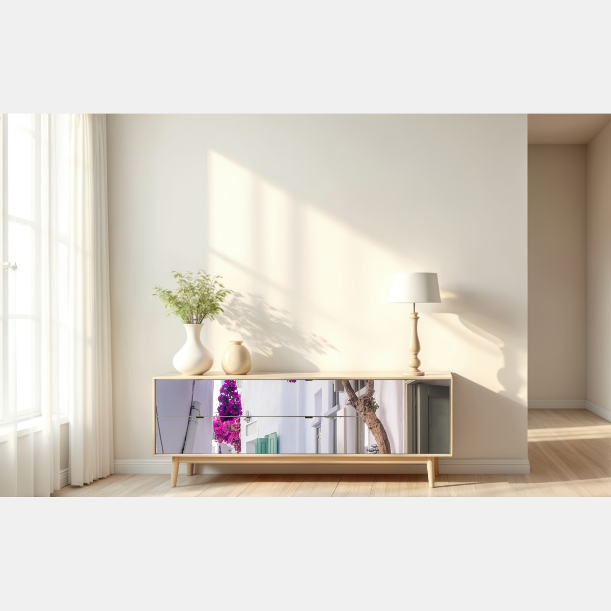 Repositionierbarer Aufkleber sonnige mediterrane gasse mit bougainvillea – Wallnifity® Repositionierbarer Aufkleber sonnige mediterrane gasse mit bougainvillea – Wallnifity®