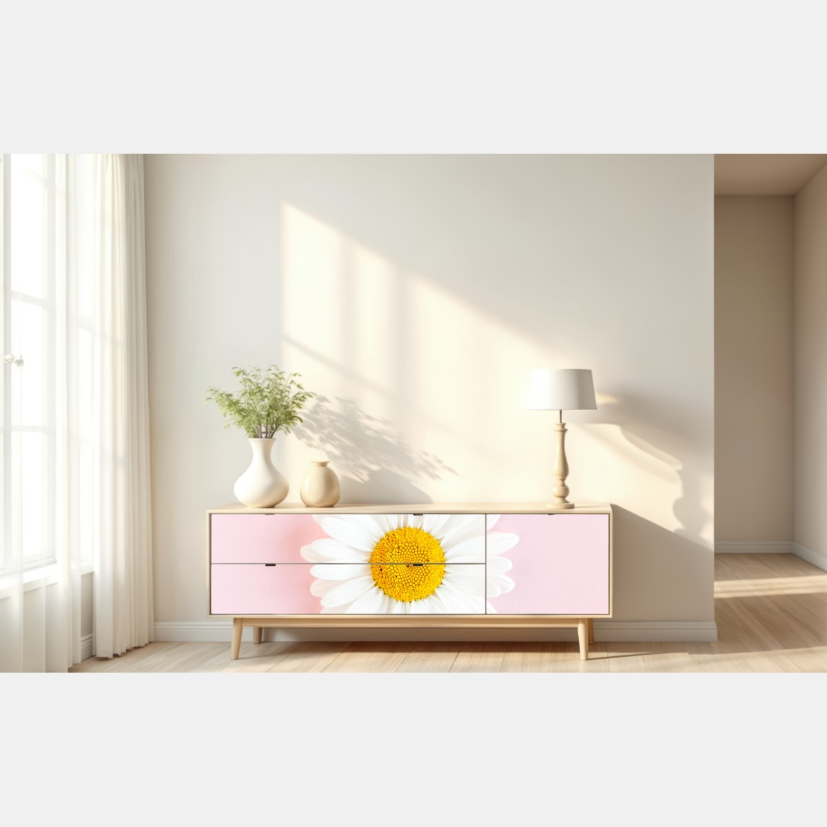 Repositionierbarer Aufkleber weißes gänseblümchen auf pastellrosa hintergrund – Wallnifity® Repositionierbarer Aufkleber weißes gänseblümchen auf pastellrosa hintergrund – Wallnifity®