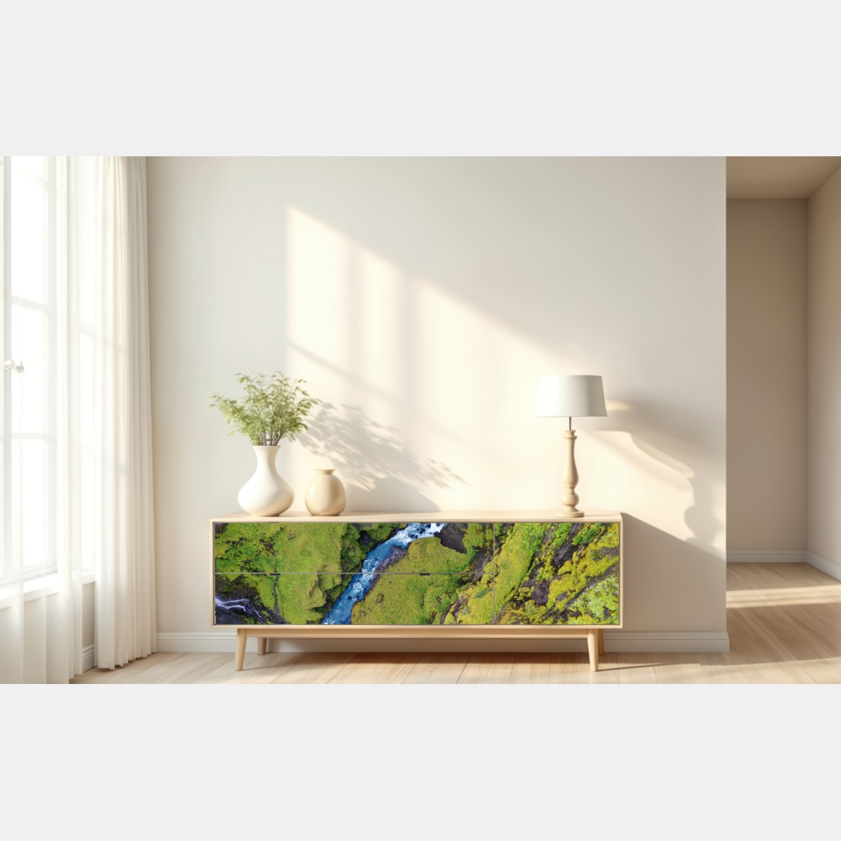 Repositionierbarer Aufkleber luftaufnahme: fluss in moosbedeckter schlucht – Wallnifity® Repositionierbarer Aufkleber luftaufnahme: fluss in moosbedeckter schlucht – Wallnifity®