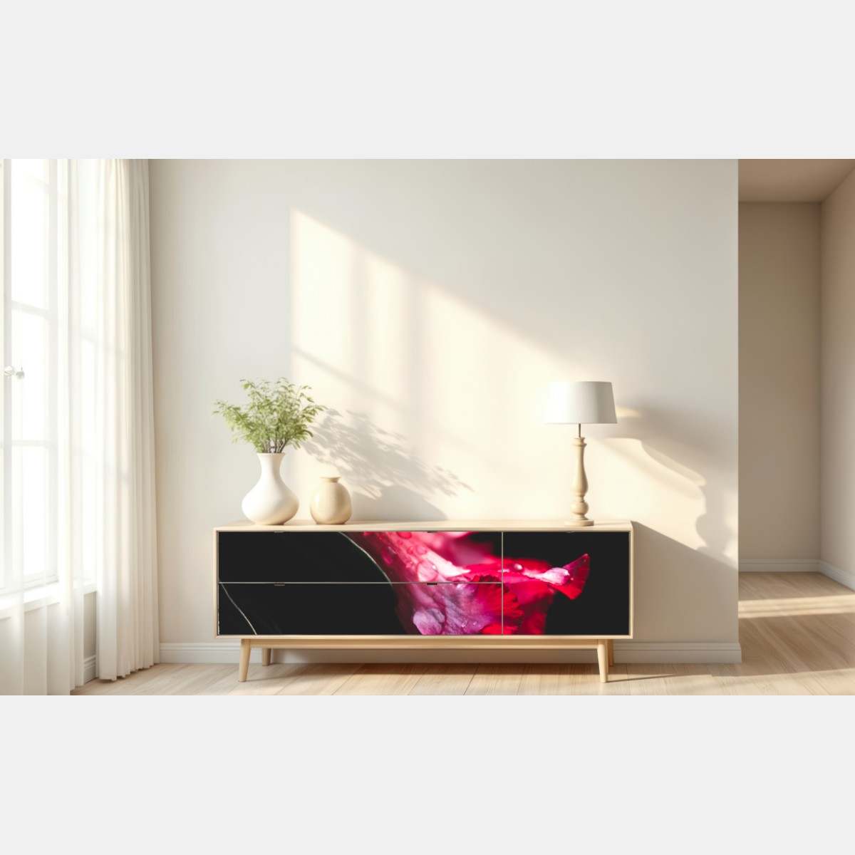 Repositionierbarer Aufkleber rosa trompetenblume mit tau – Wallnifity® Repositionierbarer Aufkleber rosa trompetenblume mit tau – Wallnifity®