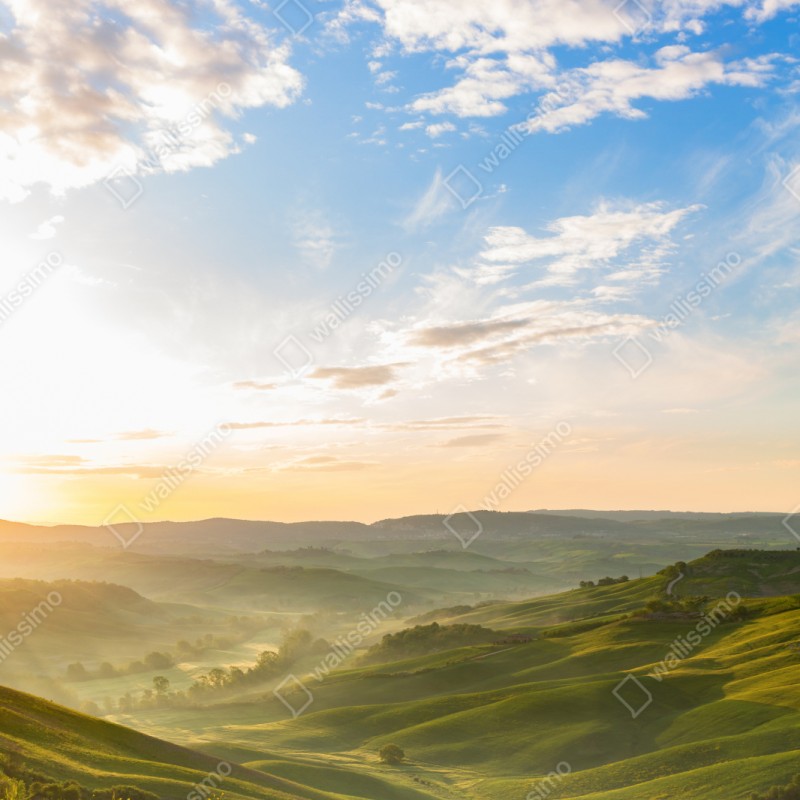 Repositionierbarer Aufkleber sonnenaufgang über nebligen hügeln – Wallnifity® Repositionierbarer Aufkleber sonnenaufgang über nebligen hügeln – Wallnifity®