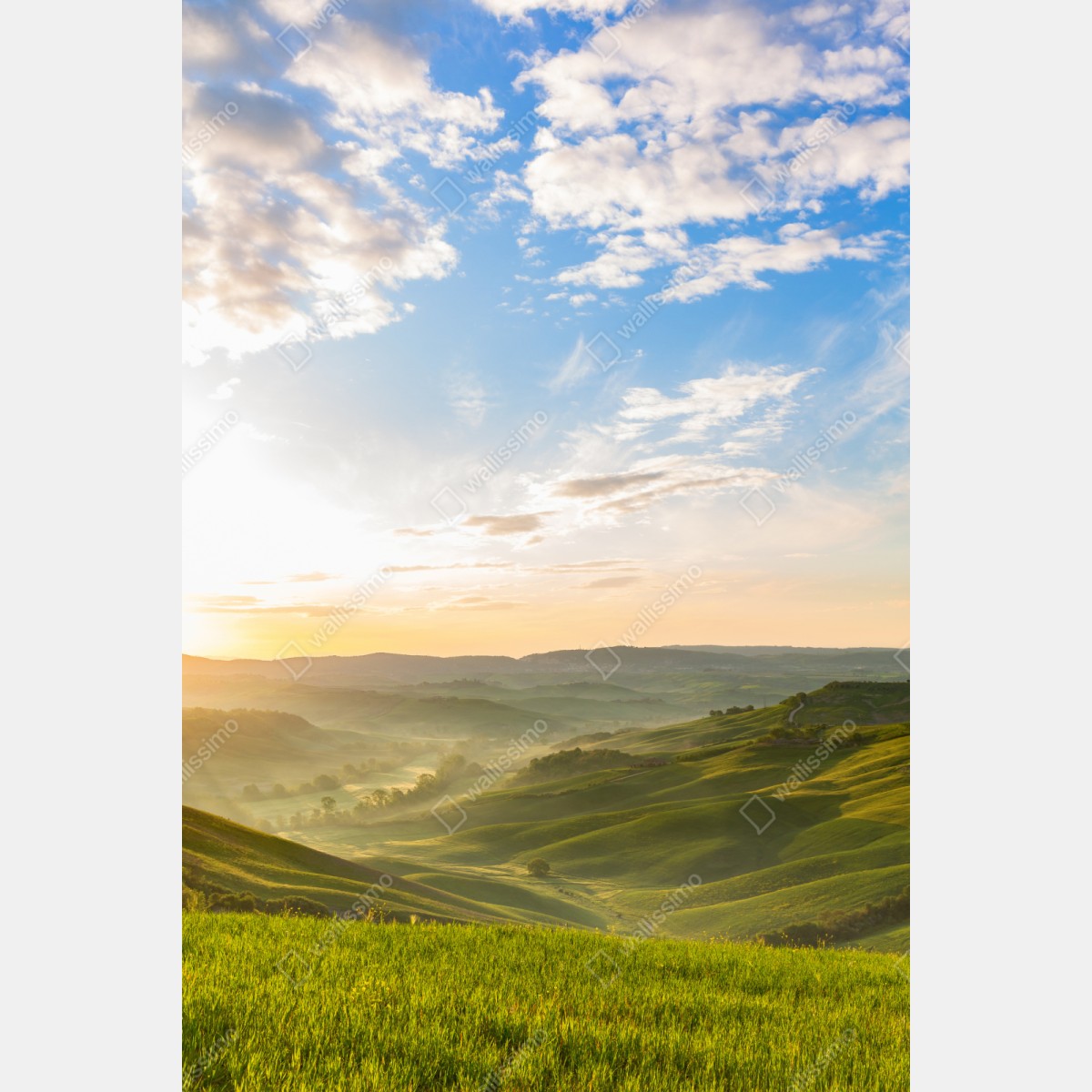 Repositionierbarer Aufkleber sonnenaufgang über nebligen hügeln – Wallnifity® Repositionierbarer Aufkleber sonnenaufgang über nebligen hügeln – Wallnifity®