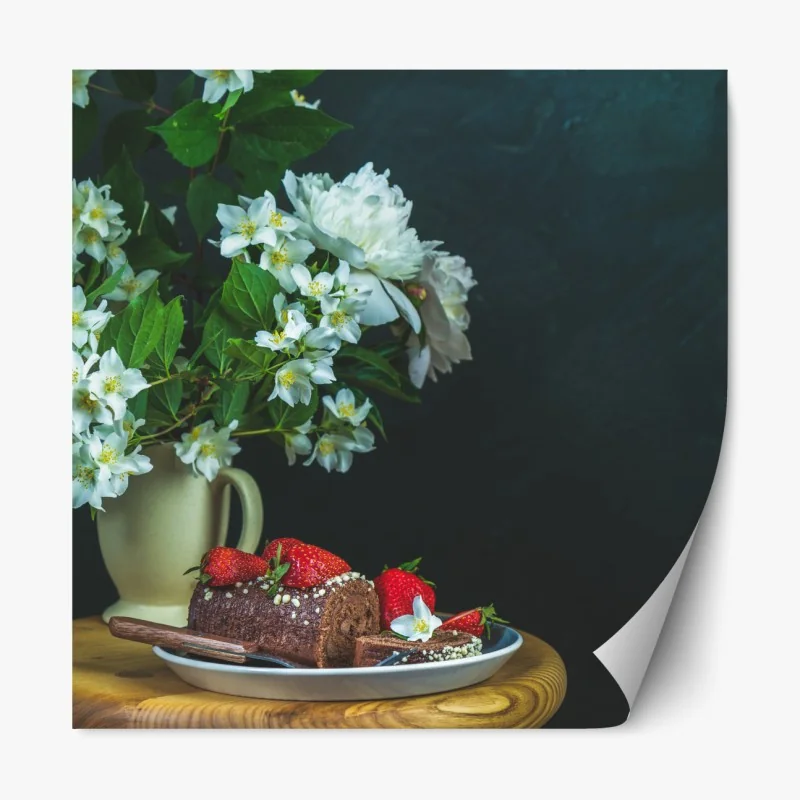 Repositionierbarer Aufkleber schokoladenrolle mit erdbeeren und weißen blüten