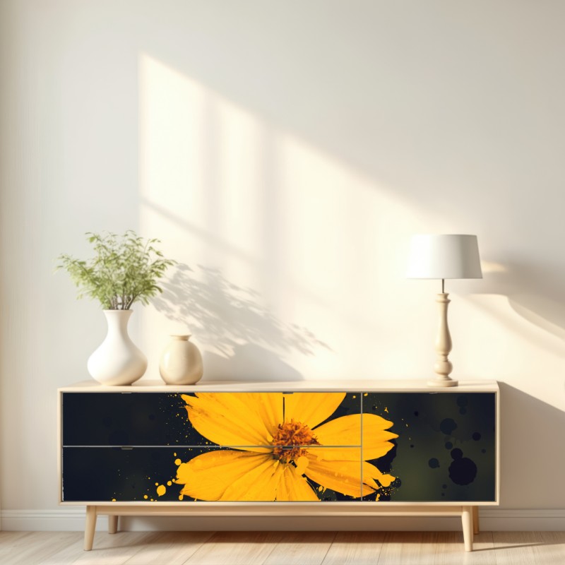 Repositionierbarer Aufkleber leuchtende gelbe blüte auf dunklem hintergrund – Wallnifity® Repositionierbarer Aufkleber leuchtende gelbe blüte auf dunklem hintergrund – Wallnifity®