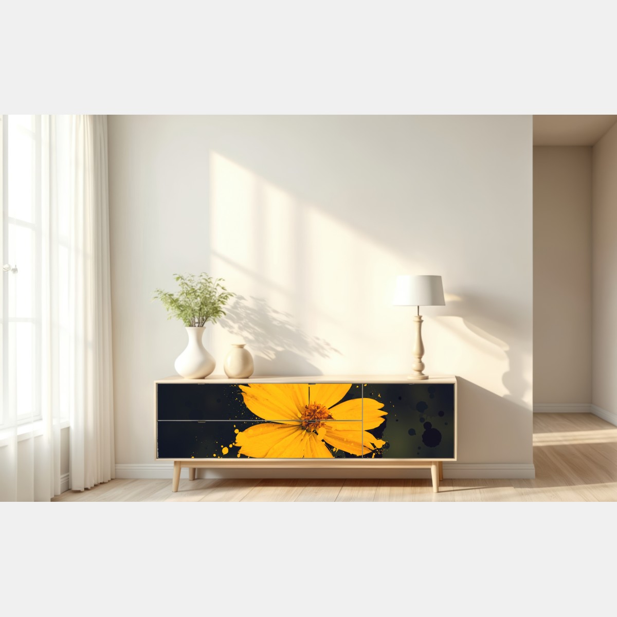 Repositionierbarer Aufkleber leuchtende gelbe blüte auf dunklem hintergrund – Wallnifity® Repositionierbarer Aufkleber leuchtende gelbe blüte auf dunklem hintergrund – Wallnifity®