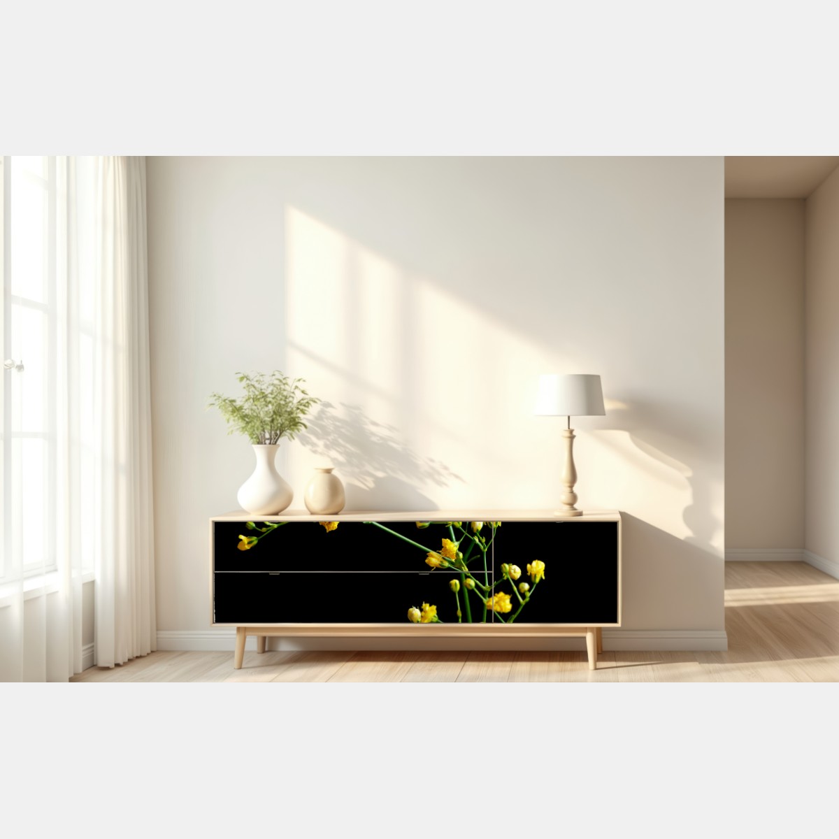 Repositionierbarer Aufkleber zartes gelbes schleierkraut auf schwarzem hintergrund – Wallnifity® Repositionierbarer Aufkleber zartes gelbes schleierkraut auf schwarzem hintergrund – Wallnifity®