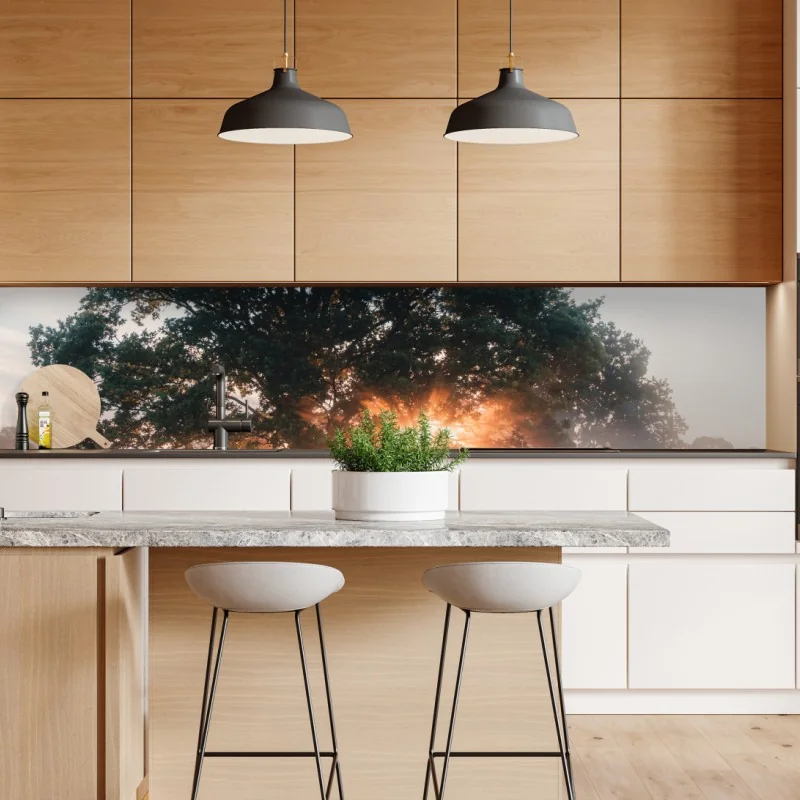 Repositionierbarer Aufkleber nebeliger sonnenaufgang am eichenbaum – Wallnifity® Repositionierbarer Aufkleber nebeliger sonnenaufgang am eichenbaum – Wallnifity®