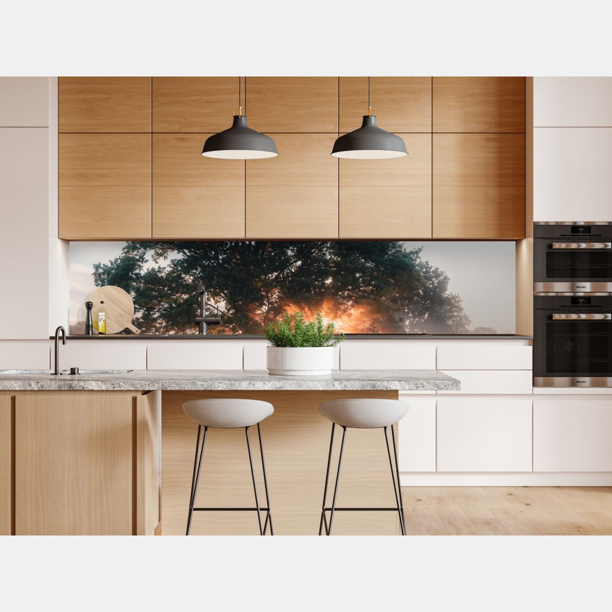 Repositionierbarer Aufkleber nebeliger sonnenaufgang am eichenbaum – Wallnifity® Repositionierbarer Aufkleber nebeliger sonnenaufgang am eichenbaum – Wallnifity®
